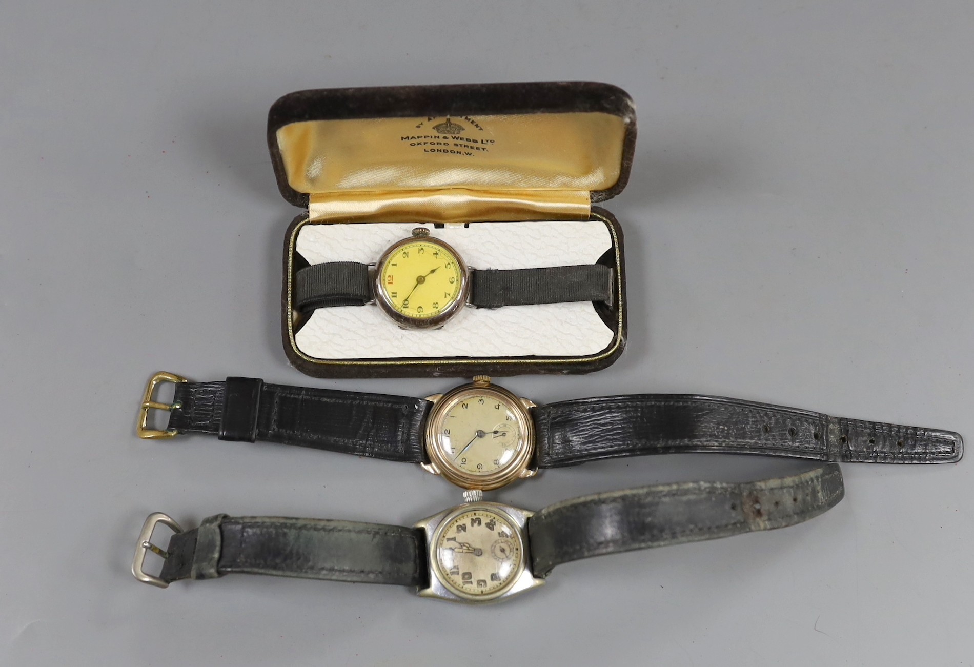 Three assorted wrist watches, including yellow metal and steel cased.